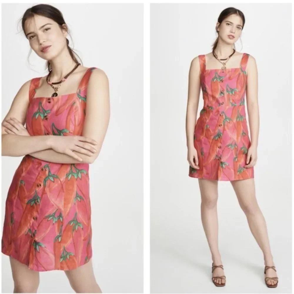 FARM Rio Red Pepper Linen Mini Dress XS NWT Spice Summer Vacation Tomato Girl - Picture 4 of 16